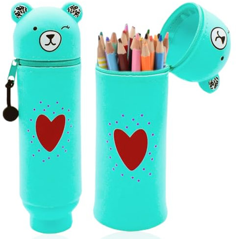 WVFHVISL Trousse à crayons Kawaii, 2 en 1, en silicone souple, télescopique, pour enfants, école, maison, bureau, vert, Trousse à crayons extensible