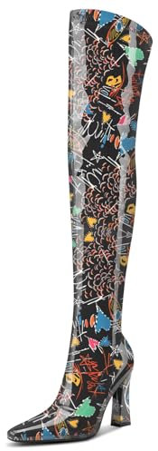 Aachcol Donna Sopra il Ginocchio Alto High Stivali Chunky Blocco Alto High a Punta Cerniera Stivali Nero Scarabocchio 43 EU