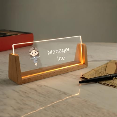 Pahdecor Office Desk Sign - 4 X 7 Inch Engraved Name Plates Personalized Acrylic Plaque Teacher Name Plate Luminous Acrylic Nameplate U Shaped Wood Base Office Decoration Nameplate