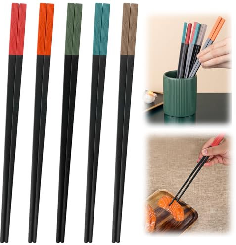5 Pares de Palillos Japoneses Reutilizables, Palillos Chinos de Fibra de Vidrio de Negra, Juego de Palillos Antideslizantes de Sushi Negro, Palillos Negros para Comer, Cusinier, Restaurante