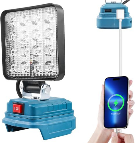 Akku LED Arbeitsleuchte für Makita 18V, 27W LED Baustrahler Akku Lampe mit USB Aufladung, Tragbarer LED Strahler Akku Scheinwerfer, Flutlichter Baustellen Lampe für Makita 18V