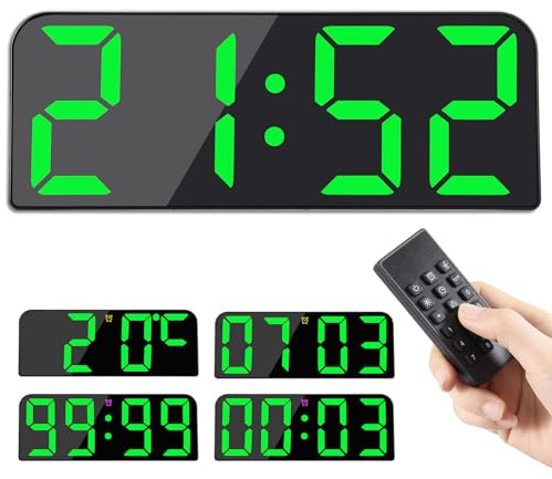 Koolertron Digital Wall Clock, 9.5 LED Display with Remote Control | Timer & countdown, date, week & temp display, 3 alarms, memory backup, For living room, kitchen, office, gym & more, Green