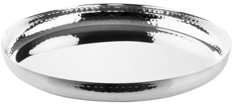 Olympia Hammered Stainless Steel Round Tray HY125, 320x35mm | Resists corrosion and staining in busy commercial environments, providing a dependable, easy-clean service option.