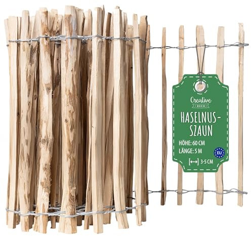Creative Home Clôture en Bois de Noisetier de 60 cm de haut et 5 m de long | Cloture en Rouleau | Espacement des Lattes 3-5 cm | Clôture de Jardin | Bordure de Pelouse, Bordure de Parterre de Fleurs