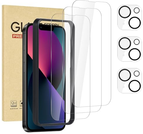Rvciby Lot de 3 Protecteur d’écran pour iPhone 13 avec 3 Pieces Protecteur d’objectif d’appareil photo avec cadre d’installation,film de verre trempé de qualité supérieure, sans bulles[6,1 pouces]