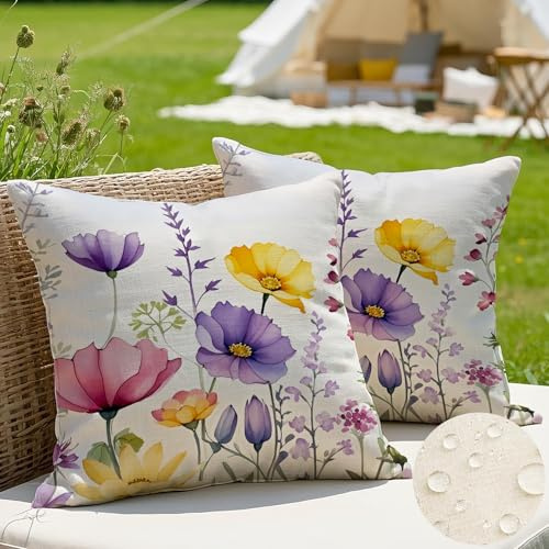 JANGYUHH 2er Set Outdoor Kissen Wetterfest Kissenbezug 45x45 cm Modern Farbe Blumen Dekokissen Sommer Rosa Lila Kissenbezüge für Garten Sofa Couch Wohnzimmer Schlafzimmer Doppelseitiges Muster