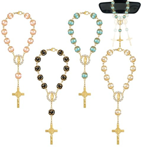 Chapelet Voiture, 4 Pièces Chapelet Catholique Deco Voiture Interieur, Croix Pendentif Rétroviseur, Décoration Rétroviseur, Bénédiction, Cadeau Communion, Noir, Blanc, Rose, Bleu