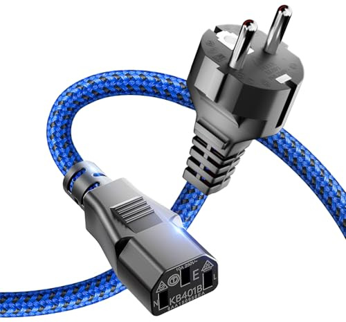 Goalfish Kaltgerätekabel 3-polig 1m Blau Typ F Schutzkontakt auf C13, Nylon | Robust, Stromkabel Netzkabel Kaltgerätestecker Mit VDE, Für TV PC Computer Monitor Bildschirm Drucker Beamer Projektor etc