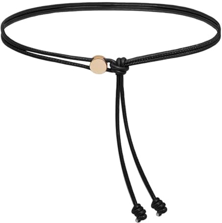 IGXX Thin Belt for Women - PU Leather Skinny Waist Belt 0.4cm Width, Adjustable 130cm Length Black Stretchy Belt for Dresses | Rope Design with Alloy Buckle | Women's Clothing Accessories