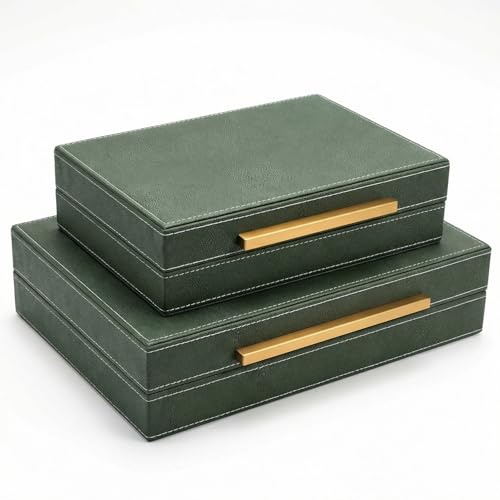 Acidea Decorative Storage Boxes with Lids, Set of 2 Shagreen PU Leather Keepsake and Memory Box for Home Decor, Sage Green Stylish Jewelry Storage Box with Gold Metal Handle for Organization