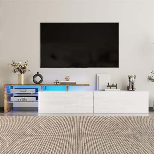 Generisch Design Moderne de Meuble TV - Élégant et Chic, Rangement Pratique, Blanc laqué, Aspect Bois, étagères en Verre, éclairage LED,Blanc