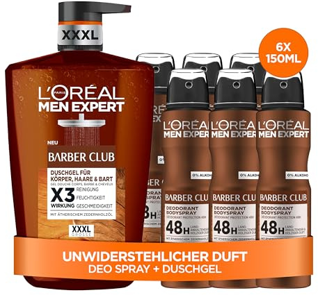 L'Oréal Men Expert Barber Club Vorratspack: XXXL 1L Duschgel & 6er Pack Deospray (6x150ml), Herren Körperpflege-Set mit holzigem Duft & Zedernholzöl für Körper, Gesicht & Haar, Antitranspirant
