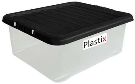 Plastix 28L 28 LITRE UNDERBED Clear Plastic Storage Box With Black Lid Home Office Stackable UK Made