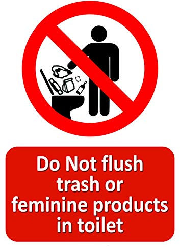 Health Safety Hazard WC Obligatoire d'avertissement Autocollant Attention Adhésif: Ne pas rincer les déchets ou les produits féminins dans les toilettes. - H10 cm x L7 cm