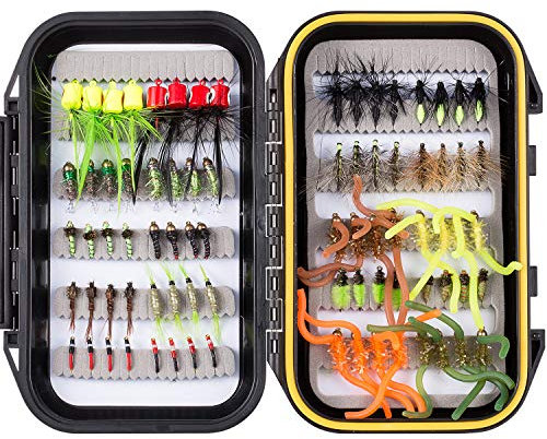 Bassdash Fishing Flies Kit - Assortment with Fly Box, 36/64/72/80/96pcs Dry/Wet Flies, Nymphs, Streamers
