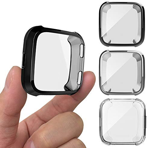AFUNTA 3 Stück Schutzhülle kompatibel Versa Smart Watch, weiche TPU Displayschutzfolie Rundumschutz Bumper Schutzschale Uhr Schutz - Schwarz, Silber, Transparent