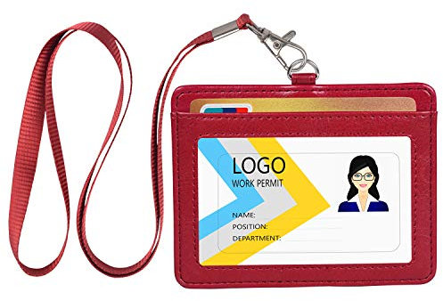 Teskyer Porta Badge, Porta Badge da Collo, con Cordino in Nylon, 2 Slot Per Carte, in Pelle PU, con Gancio a J in Acciaio Inossidabile, Orizzontale Porta Badge Per Lavoro, Scuola, Rosso