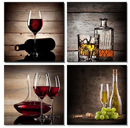 Wieco Art Red Wine Cups Large Modern 4 Panels Gallery Wrapped Abstract Giclee Canvas Prints Artwork Contemporary Vintage Pictures Paintings on Canvas Wall Art for Living Room Home Decoration