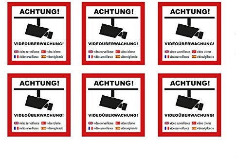 6 Stück Premium Aufkleber Videoüberwachung Alarmgesichert Alarmanlage Mehrsprachig Hinweis Witterungs- und UV-Beständig
