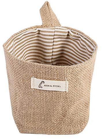 Bolsas de Algodón Orgánico Bolsa de Ropa Colgante de Lino de Algodón Organizador de Almacenamiento de Gadgets para El Hogar Papelera Plegable para Ir de Compras(Raya caqui)