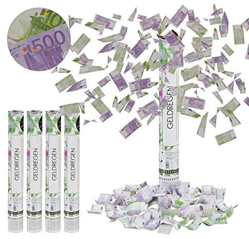 Relaxdays 5 x Party Popper Geldscheine, 6-8 m Effekthöhe, Karneval, Geburtstag, Spielgeld, Konfettikanone 40cm, lila/grün