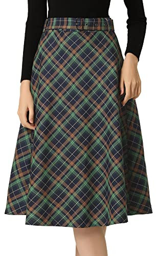 Allegra K Jupe midi trapèze Vintage à Carreaux Taille Haute avec Ceinture pour Femme Bleu Vert S