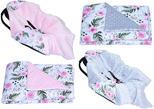 Baby Einschlagdecke MINKY-FLOWERS ROMANTIC- mit Kapuze 90x90 cm Babyschale Decke (Mit ROSA)