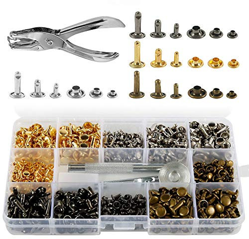 360 Nieten aus Leder, 3 Größen, Nieten für Näharbeiten, Doppelkappe, Tubular aus Metall mit Punch Zange und 3 Befestigungswerkzeugen für DIY, Handwerk, Ersatznieten, Dekoration von Kleid.