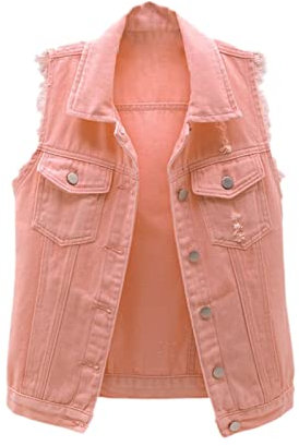 Gilet en Jean Femme Denim Veste sans Manche Déchiré Boutonné Rose L