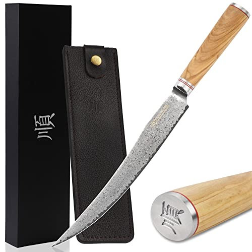 YOUSUNLONG Cuchillo para rebanar y trinchar 10 - Acero de Damasco martillado japonés - Afilado como una navaja - Mango de madera de olivo italiano con funda de cuero - Cortador de jamón
