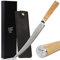 YOUSUNLONG Cuchillo para rebanar y trinchar 10 - Acero de Damasco martillado japonés - Afilado como una navaja - Mango de madera de olivo italiano con funda de cuero - Cortador de jamón