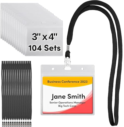 SEE-IT! 104 Sets Badge Holder with Lanyard Namensschild Holder and Lanyards 4x3 Size Quick Load No Zipper Name Badge Holders Lanyard with ID Holder Lanyards for ID Badges Clear Plastic (104)