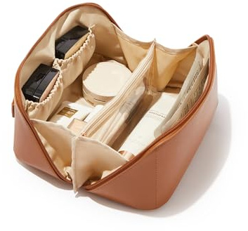 EACHY Travel Makeup Bag,Large Capacity Cosmetic Bags for Women,Waterproof Portable Pouch Open Flat Toiletry Bag Make up Bag with Divider and Handle, Gifts for Women (Brown, Medium)