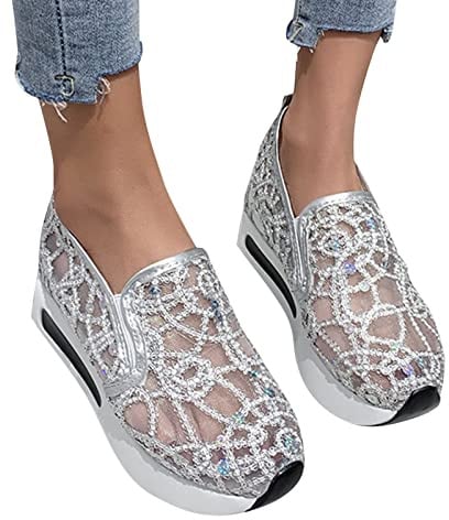 Sneaker da donna con paillette, zeppa, traspiranti, in pizzo, scarpe da corsa estive, per attività all'aria aperta, con glitter, argento, 40 EU