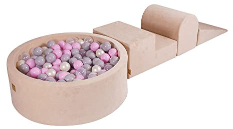 MEOWBABY Spielplatz aus Schaumstoff mit Bällebad 240x45cm - Schaumspielset mit 200 Bälle für Kinder, Velvet, Ecru: Transparent/Pastellrosa/Perlweiß/Grau