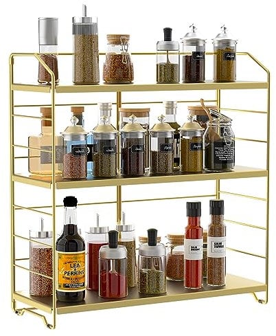 AIRUJIA Estante de especias de 3 niveles, altura ajustable, acero inoxidable dorado, 40 cm x 16 cm x 42 cm, almacenamiento y organización de cocina y baño