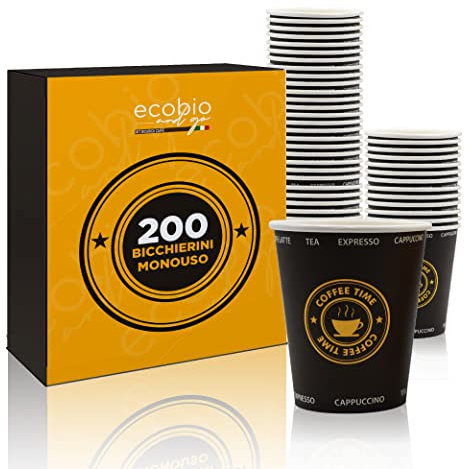 Ecobio and Go - 200 Bicchieri Acqua di Carta, 8oz (240ml), Biodegradabili e Compostabili, Perfetti per Bevande Calde e Fredde, Nessuna Plastica, Black Edition