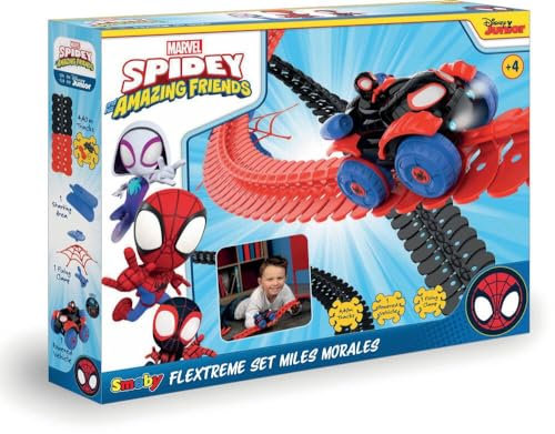 Smoby - Spidey - FleXtreme Set Spin - 4m40 de Circuit de Voiture - 184 Pistes Flexibles et Modulables + 1 Véhicule Morales Effets Lumineux - Piles Incluses - A Partir de 4 Ans