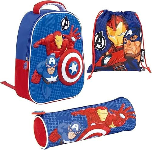 Avengers 3D Marvel Kinder-Rucksack (32 cm) + Avengers-Federmäppchen + Marvel Snack-Tasche | Schulpack für die Kindererziehung Avengers, bunt, Mochila:32x26x10cm Estuche:21x7x7cm Saco:26,5x21cm