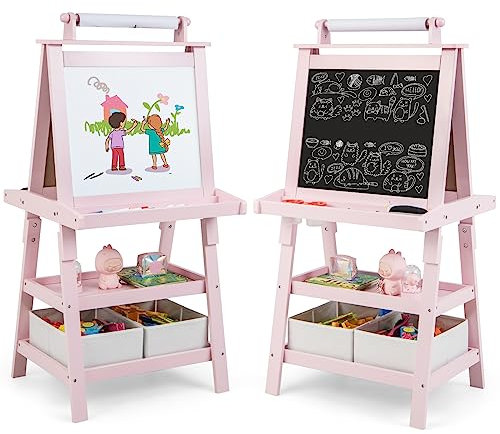 COSTWAY 3 in 1 Kinder Staffelei, Kindertafel doppelseitig, Whiteboard & Kreidetafel & Zeichenpapier, Standtafel inkl. Magneten, 2 Regalebenen Holztafel mit 2 Aufbewahrungsboxen (Rosa)