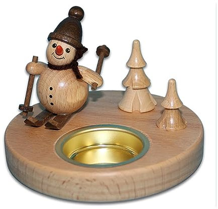 Holzwaren Egermann Leuchter aus Holz - Teelichthalter in Naturfarben mit süßem Schneemanndesign - Motiv: auf Ski Spazierfahrt - Durchmesser: ca. 11 cm - Made in Germany