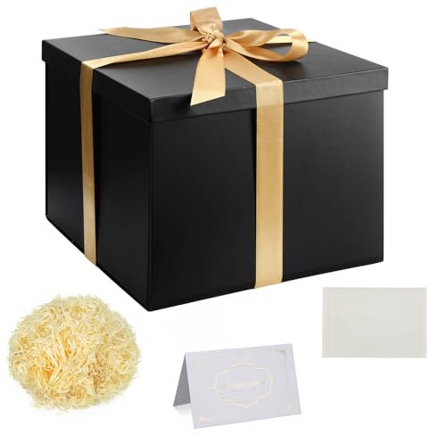Geschenkbox Set, Schwarz Geschenkbox mit Deckel Tiefe Geschenkbox mit Schleife 23x23x18cm Geschenkbox zerrissenes Seidenpapier Grußkarten für Weihnachten Geburtstag Hochzeitstag