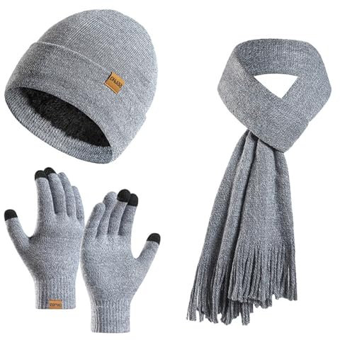 Wintermütze, Schal, Handschuhe, Set für Damen und Herren, Strick-Fleece, Touchscreen-Handschuhe, Beanie-Mütze, Skimütze, 3-teiliges Set, Grau, Einheitsgröße