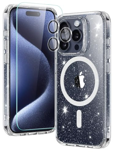 ESR for iPhone 15 Pro Max Case Set, 1 Tempered-Glass Screen Protector, 1 Set of Lens Protectors, Military-Grade Protection, Yellowing and Scratch Resistant MagSafe Case, Classic Series, Clear Shimmer