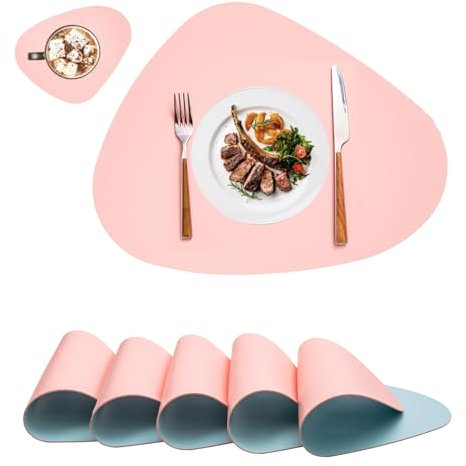 Platzsets Platzdeckchen Abwaschbar Rund,Tischsets rutschfest,Teller Untersetzer Rund,Tischset Lederoptik,Doppelseitigen Platzset und Untersetzer Teller 6er Set Oval(Rosa&Blau)