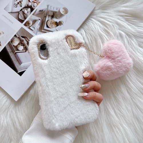 ZTUOK Compatible with iPhone X/Xs for Girls,Luxury Diamond Winter Warm Handmade Soft Fur Fluffy Plush Furry Shockproof Protective Phone Case Cover for iPhone X/Xs -White