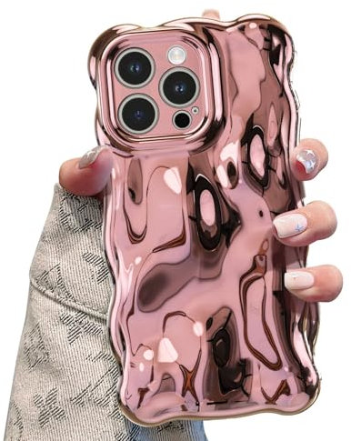 UEEBAI Case for iPhone 13 Pro Max, Cute Solid Color Curly Wave Shape Shockproof Soft TPU Bumper Phone Case, Candy Color Water Ripple 3D Silicone Slim Pretty Case Non-yellowing Cover - Rose Gold