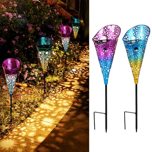 JOYCREATOR Solarlampen für Außen Garten 2 Stück, Metall Solarleuchten für Außen mit Erdspieß, LED Solar Gartenleuchten für Außen IP65 Wasserdichte Rasen Balkon Terrasse Pfahlpfad Deko Geschenke