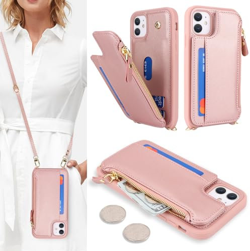 SailorTech Handyhülle für iPhone 11 Etui mit Kartenfach, iPhone 11 Hülle mit Verstellbarer Halskette, iPhone 11 Handytasche mit Reißverschluss Geldbörse - Roségold