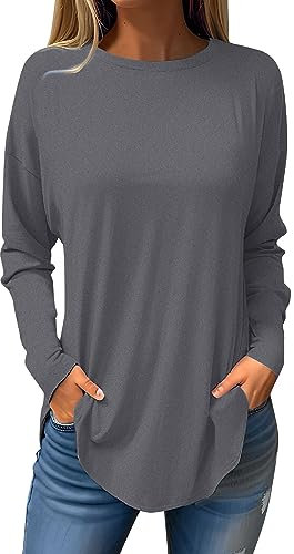T-Shirts Für Damen Top Fashion Große Größen Oversize Pullover Frühling Langarm Crew Neck Damen Tshirt Herbst Long Sleeve Shirt Women grau M
